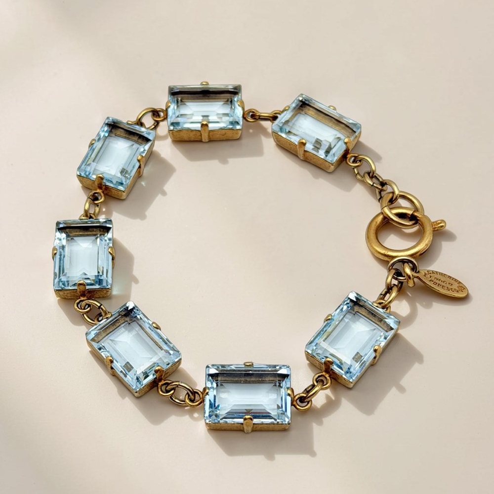 Vintage Catherine Popesco Gold Tone Blue Crystal Bracelet –Emerald Cut Link 7.5”